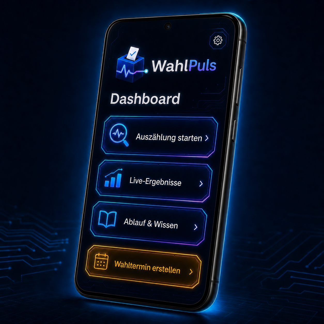 WahlPuls App mit Logo und Dashboard